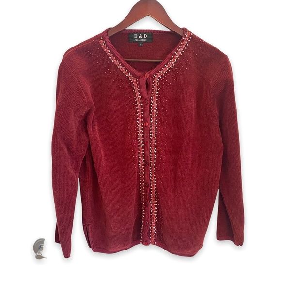 D & D Collection Sweaters - D & D Collection burgandy long sleeve button up cardigan with bead detail medium